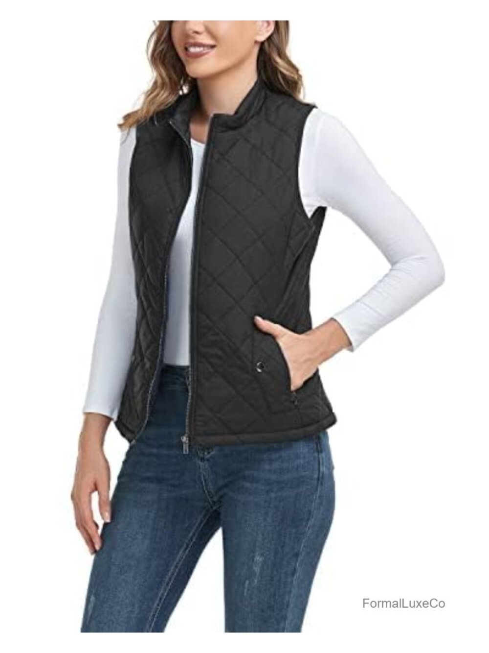 Women's Quilted Vest Stand Collar Zip Lightweight Sleeveless Polyester - Picture 5 of 6